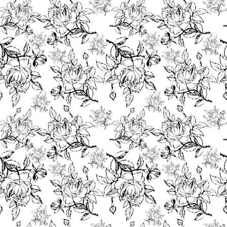 Vintage floral natural seamless vector pattern with hand-drawn rosesのイラスト素材