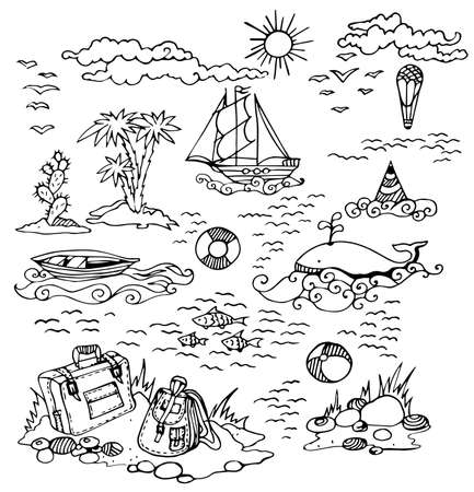Vector elements of travel of the drawn line: the old ship, fishing boat, palm trees, fish, whale, stones, beach, old suitcase, backpack, ball, balloonのイラスト素材
