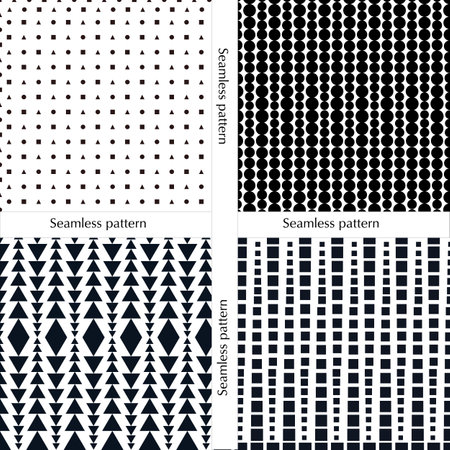 Set of seamless patterns with black geometric shapes on a white background.のイラスト素材