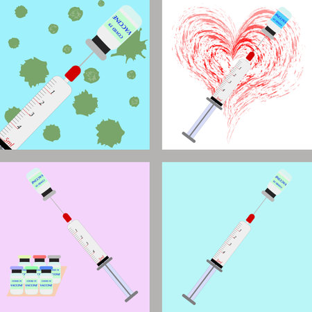 A collection of images of a medical syringe with a vaccine. Covid 19, coronavirus vaccine injection, vaccination illustration. A syringe with a needle. Vial with Covid 19 vaccine. Vector illustrationのイラスト素材