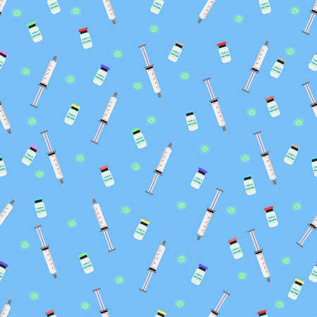 Seamless pattern, medical syringe with the vaccine. Coronavirus vaccine injections. Covid 19 vaccine bottle. Vector illustration. Banner, background, paper, cover, prints. Information leaflets.のイラスト素材