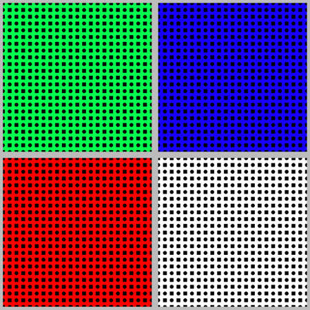 Set of vector seamless patterns. Geometric square and circle shapes on bright background, digital art for flyer, poster, cover, textile print, wrapping paper, clothing.のイラスト素材