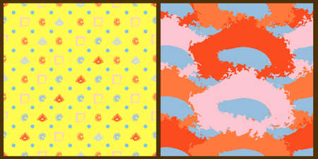Set of patterns with brush strokes, abstract collage in bright colors. For flyer, poster, cover, textile print, fabric drawing.のイラスト素材
