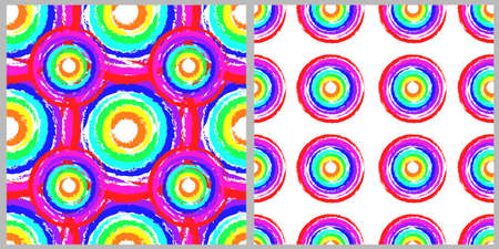 Set of geometric seamless patterns. Abstract circles in bright colors on a white isolated background. For flyer, poster, cover, textile print, fabric designのイラスト素材