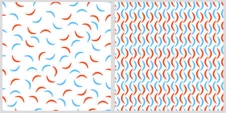 Set of seamless vector patterns. Geometric abstraction orange and blue on white isolated background. Banner, background, wrapping paper, wallpaper, cover, print, clothing, material.のイラスト素材