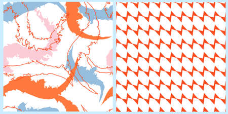 A collection of abstract patterns in one color palette, orange pink and blue. Bright summer colors.