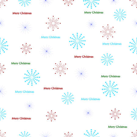 Vector seamless pattern. Multicolored snowflakes and inscription Merry Christmas isolated white background. Cute pattern for flyer, poster, cover, textile print, wrapping paper, clothing, napkins.のイラスト素材