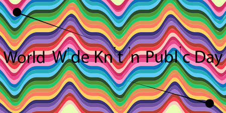 World Knitting Day in public. The title of the holiday on a bright background. Needlework...