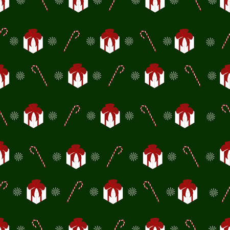 Christmas vector seamless pattern. Christmas candies, snowflakes, and gifts on a green background, for flyers, posters, cover, textile print, wrapping paper, cloths, napkins, dishes.のイラスト素材
