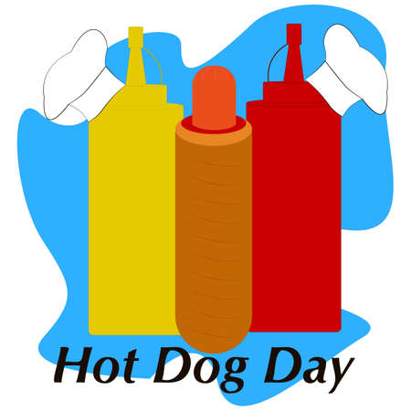 National hot dog day vector illustration. Vector Hot Dog Ketchup Mustache Caption: National Hot Dog Day. Can be used for postcards, mugs, brochures, posters, and other promotional marketing materialsのイラスト素材