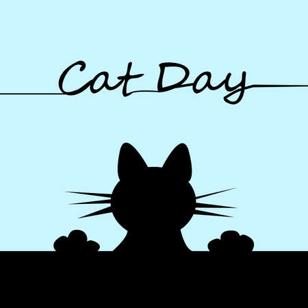 Vector drawing for the day of cats on August 8. A silhouette cat looks out from the bottom of the picture. Black and blue. Print for postcard, poster, flyer.のイラスト素材
