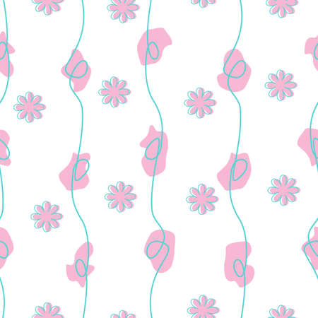 Seamless abstract pattern with pink flowers, and blue stripes. On a white isolated background.のイラスト素材