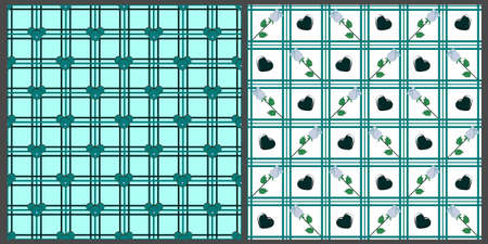 Seamless vector set of patterns in mint or green colors. Roses and hearts are depicted in curved...