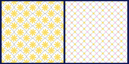 Abstract illustration of flowers and geometric rhombuses on a white isolated background. Set of vector patterns.のイラスト素材