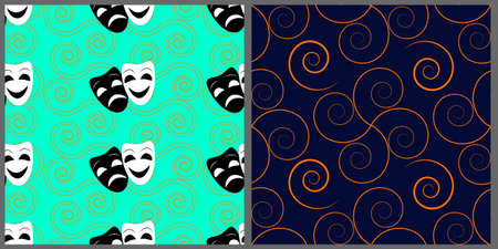 Seamless vector set of patterns with abstract curls and theatrical masks, made in bright colors.のイラスト素材