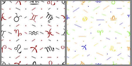 A set of seamless vector patterns. Abstract stripes, zigzags, circles and signs of the zodiac, on a white isolated background.のイラスト素材