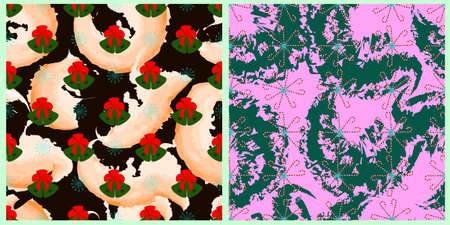 New Year set of vector patterns. Christmas bright abstraction. Christmas bells, candies and...