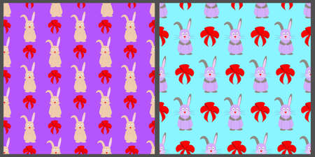 Set of vector seamless patterns for Valentine's Day. Cute bunnies and bright bows on a blue and purple isolated background.のイラスト素材