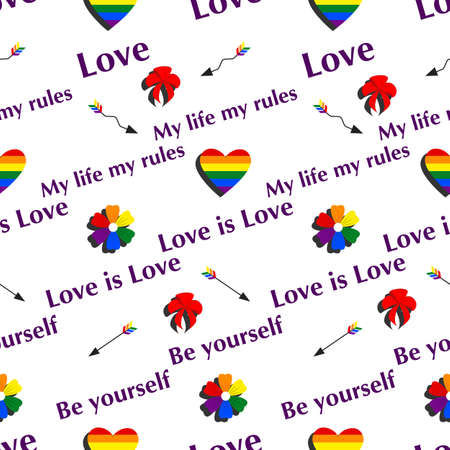 LGBT vector seamless pattern. Images of a heart, flower and arrows in the color of the flag of the LGBT community. Inscriptions: Love is love, Be yourself, Love. Lgbt rainbow.のイラスト素材