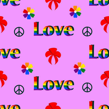 LGBT community pride vector seamless pattern. Flowers lettering love, bow in the palette of lgbt communities. Gender signs. Sexual identity, LGBT rights and family concept.のイラスト素材
