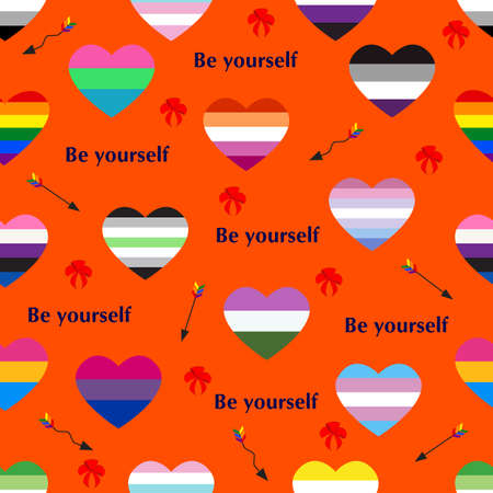 LGBT community pride vector seamless pattern. Hearts in the palette of lgbt communities. Lesbian, gay, transgender, bisexual, asexual, pansexual, gender on orange isolated background.のイラスト素材