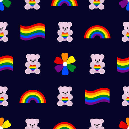 LGBT community pride vector seamless pattern. Teddy bear holding a heart in its paws, a rainbow, a flag, a flower in the palette of lgbt communities. Gender signs on dark isolated background. Sexualのイラスト素材