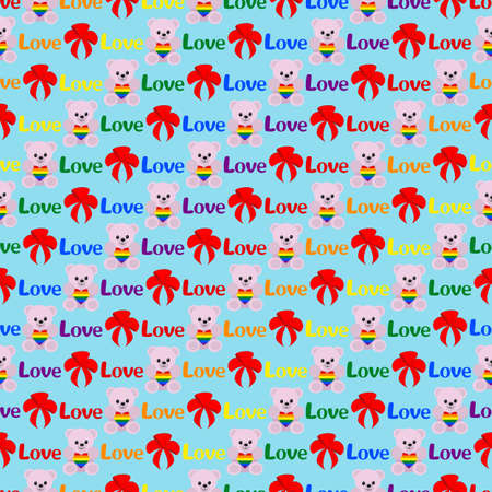 LGBT community pride vector seamless pattern. Teddy bear holding a heart in the palette of lgbt communities, bow and inscription love.のイラスト素材