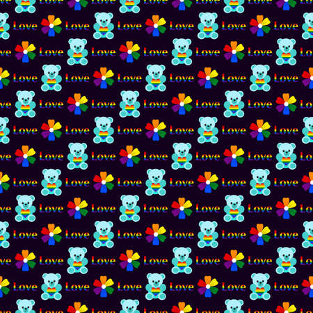 LGBT community pride vector seamless pattern. Teddy bear holds a heart in the palette of lgbt communities, a flower and the inscription love, on a dark background.のイラスト素材