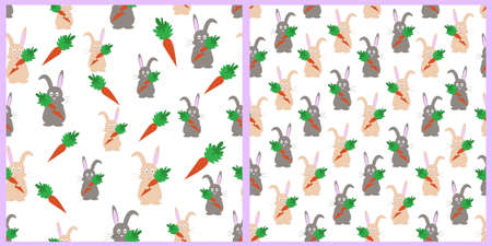 Set of vector abstract patterns. Gray and beige bunnies with carrots in their paws, on a white isolated background. Cute rabbits for kids background.のイラスト素材
