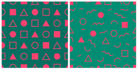 Set of vector abstract patterns. Geometric shapes circle, square, triangle. Illustrated in pink and...