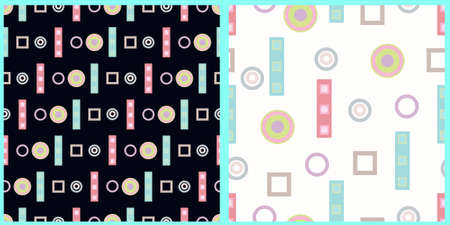 Vector set of geometric seamless patterns in pastel colors on white isolated background. Circles and...