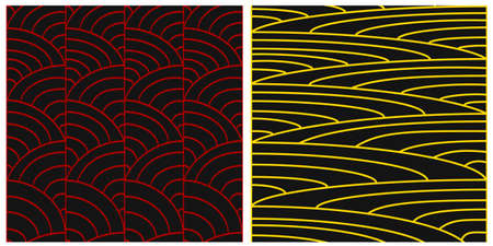 Vector set of geometric abstract patterns. Red and yellow curved lines on a dark isolated background.のイラスト素材
