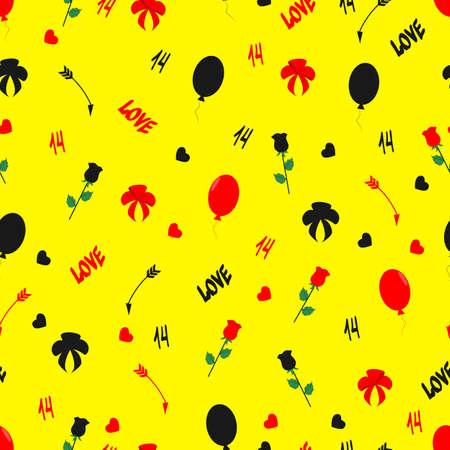 Seamless vector pattern. Balloons, arrow, bow, rose, lettering Love, number 14. Abstract, unique background for Valentine's Day, on a yellow isolated background.のイラスト素材