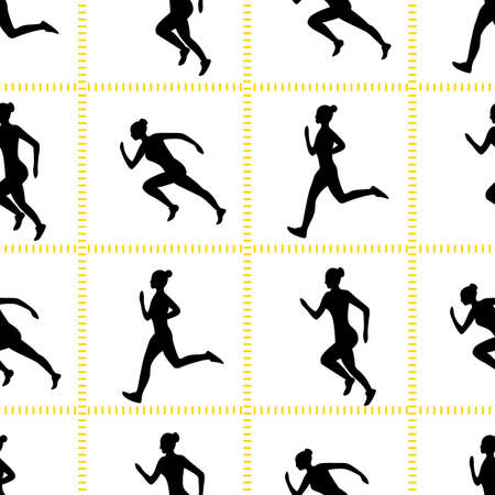 vector seamless pattern. The contours of the girls in various poses of running are highlighted with yellow squares on a white isolated background.のイラスト素材