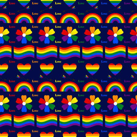 vector seamless pattern. With symbols of pride of LGBT communities, on a dark isolated background. Hearts, rainbow, flower, flag.のイラスト素材