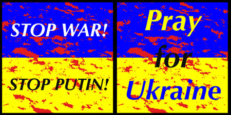 Ukrainian flag. Flag of Ukraine spattered with drops of blood. National symbol, yellow and blue. Vector illustration with the inscription Pray for Ukraine, Stop Putin, Stop Warのイラスト素材