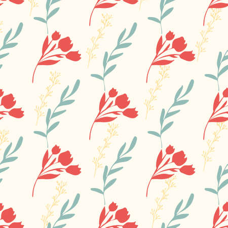 Pattern of red tulips and green and gold twigsのイラスト素材