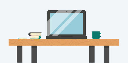 A laptop on the table with books and a mug for use in online educationのイラスト素材