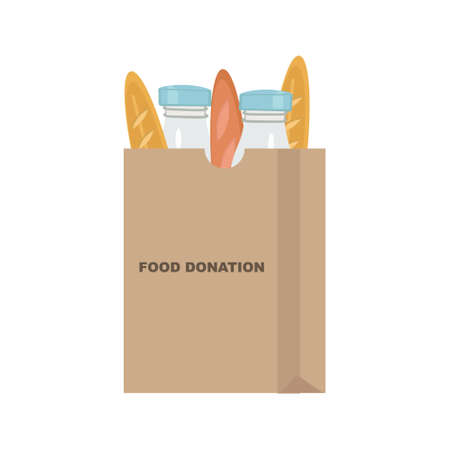 Paper bag with milk and loaf of bread for food donationのイラスト素材