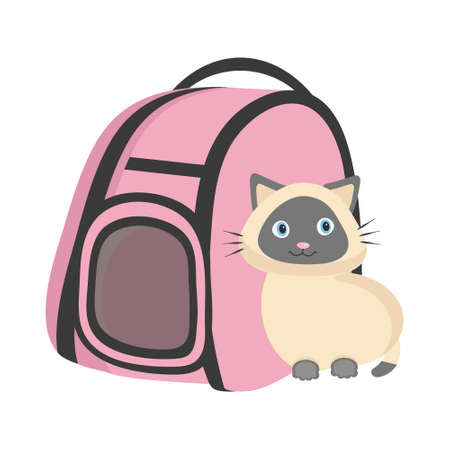 A Siamese kitten sits by a carrier bag on a white backgroundのイラスト素材