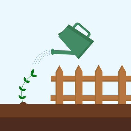 From a watering can, a green sprout is watered, visible from the ground, for use in gardening-themed web designのイラスト素材