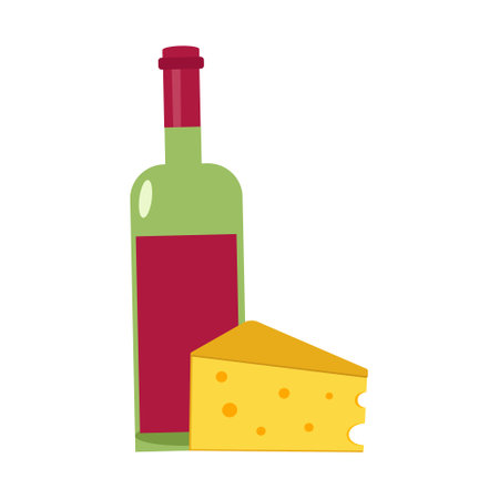 A bottle of red wine and cheese on a white background for use in a clip art or web designのイラスト素材