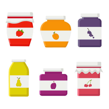 A set of jars with jam from various fruits on a white background for use in clipart, menu or web designのイラスト素材
