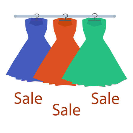 Three dresses of different colors on a hanger in the form of a poster with the inscriptionのイラスト素材