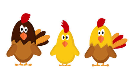 A set of seven chickens on a white background for use in web design or clipartのイラスト素材