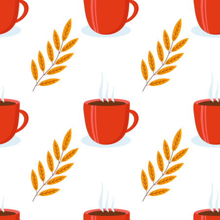 A pattern of a cup of tea and twigs with leaves to use as a backgroundのイラスト素材