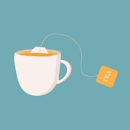 A cup of tea with a tea bag on a green background for use in web designのイラスト素材