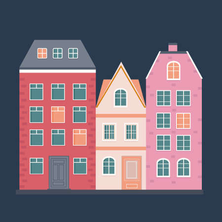 Set of three Scandinavian houses on a blue backgroundのイラスト素材