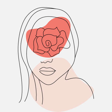 A girl and a Rose on her face in the style of line artのイラスト素材