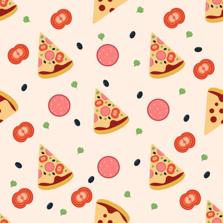 Pizza pattern with mushrooms and tomatoes on a light backgroundのイラスト素材